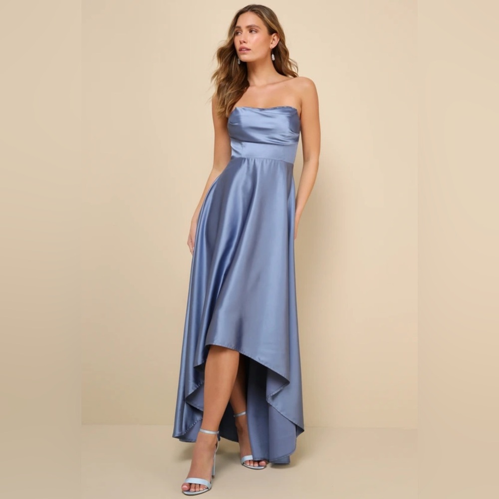 Lulus NWT “Outstanding Charm” Slate Blue Satin Strapless High-Low Maxi Dress